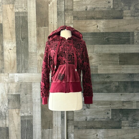 Disney Parks Mickey Mouse zip up hoodie small cranberry floral boho Disneyland - Picture 8 of 13